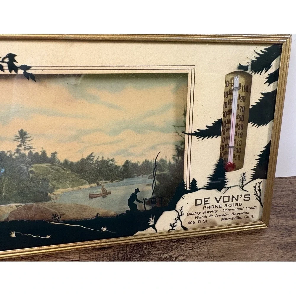 Vtg Advertising Thermometer Reverse Painted Scene De Von's Jewelry California
